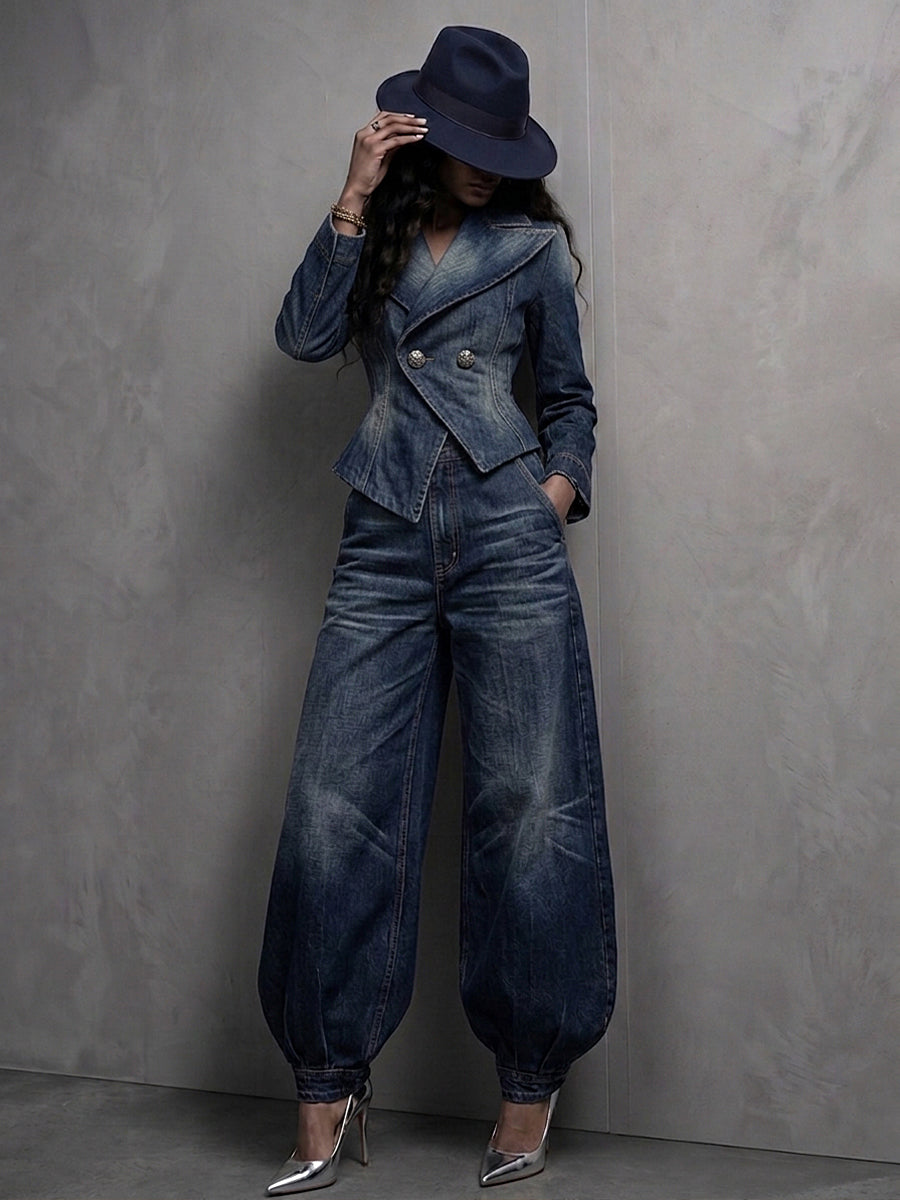 Chic Washed Denim Double-Breasted Peplum Blazer