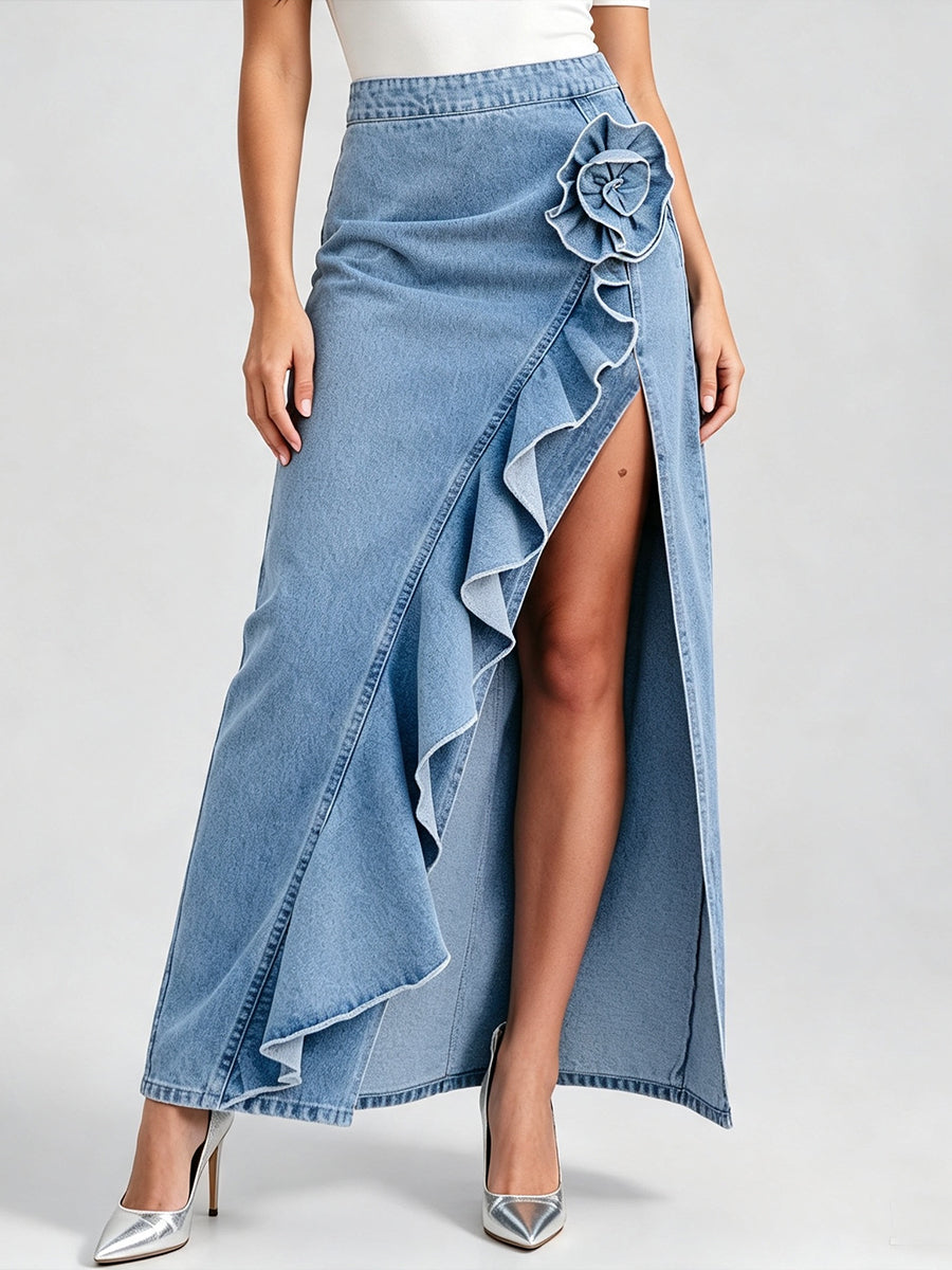 Elegant 3d Floral Ruffled Slit Skirt