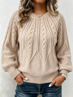 Vertical Cable Knit Raglan Balloon‑sleeve Crew Neck Sweater