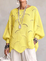 Hollow Wave Pattern Loose Lantern Sleeve Knit Top