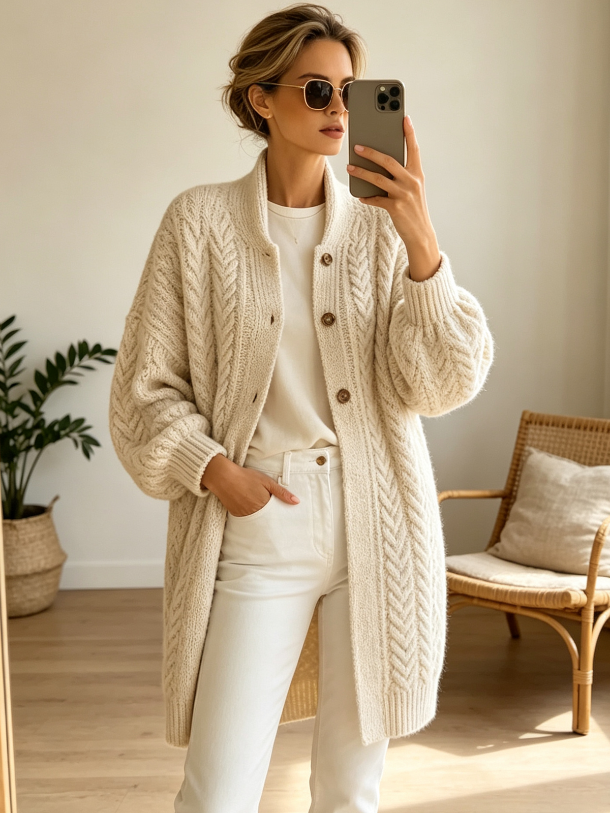 Chic Cozy Oversized Cable-knit Wool Blend Cardigan