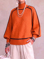Women's High-neck Long-sleeved Casual Loose Color-blocked Pullover Knit Sweater