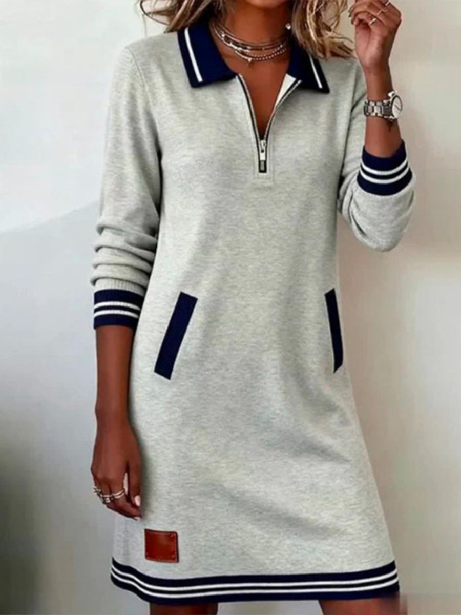 Casual Half-zip Color-block Collar Cotton Knit Mini Dress