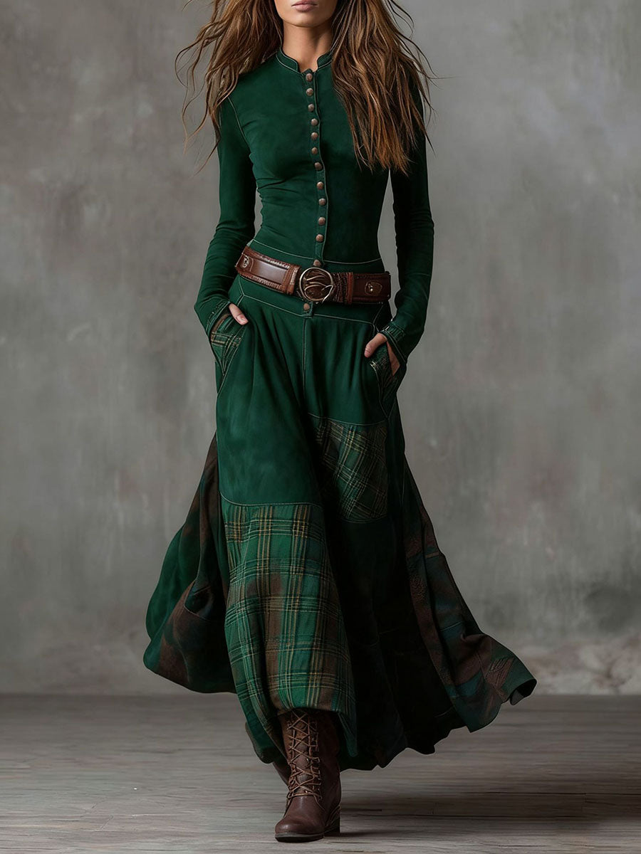 Women's Stand Collar Long Sleeve Slim Fit Plaid Print Asymmetrical Patchwork Dress