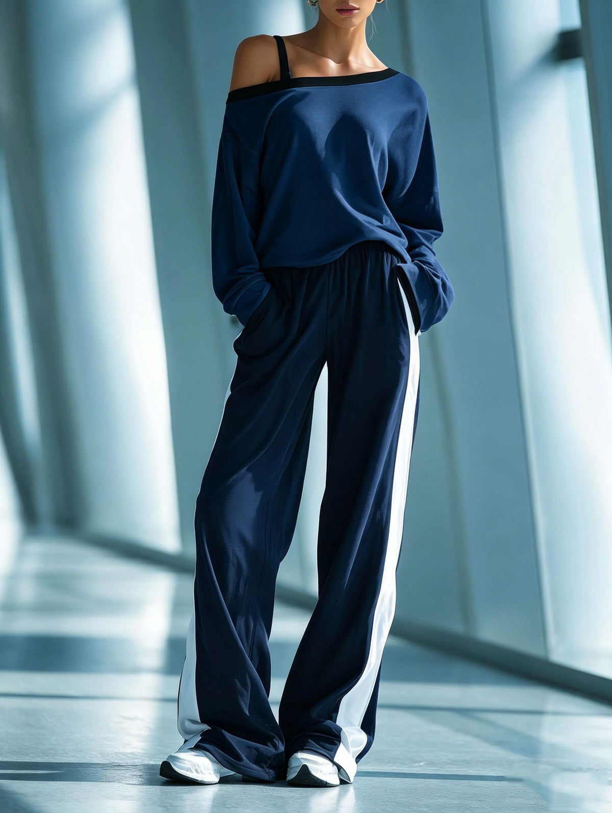 Casual Cotton One-shoulder Sweatshirt And Pants Two-piece Set
