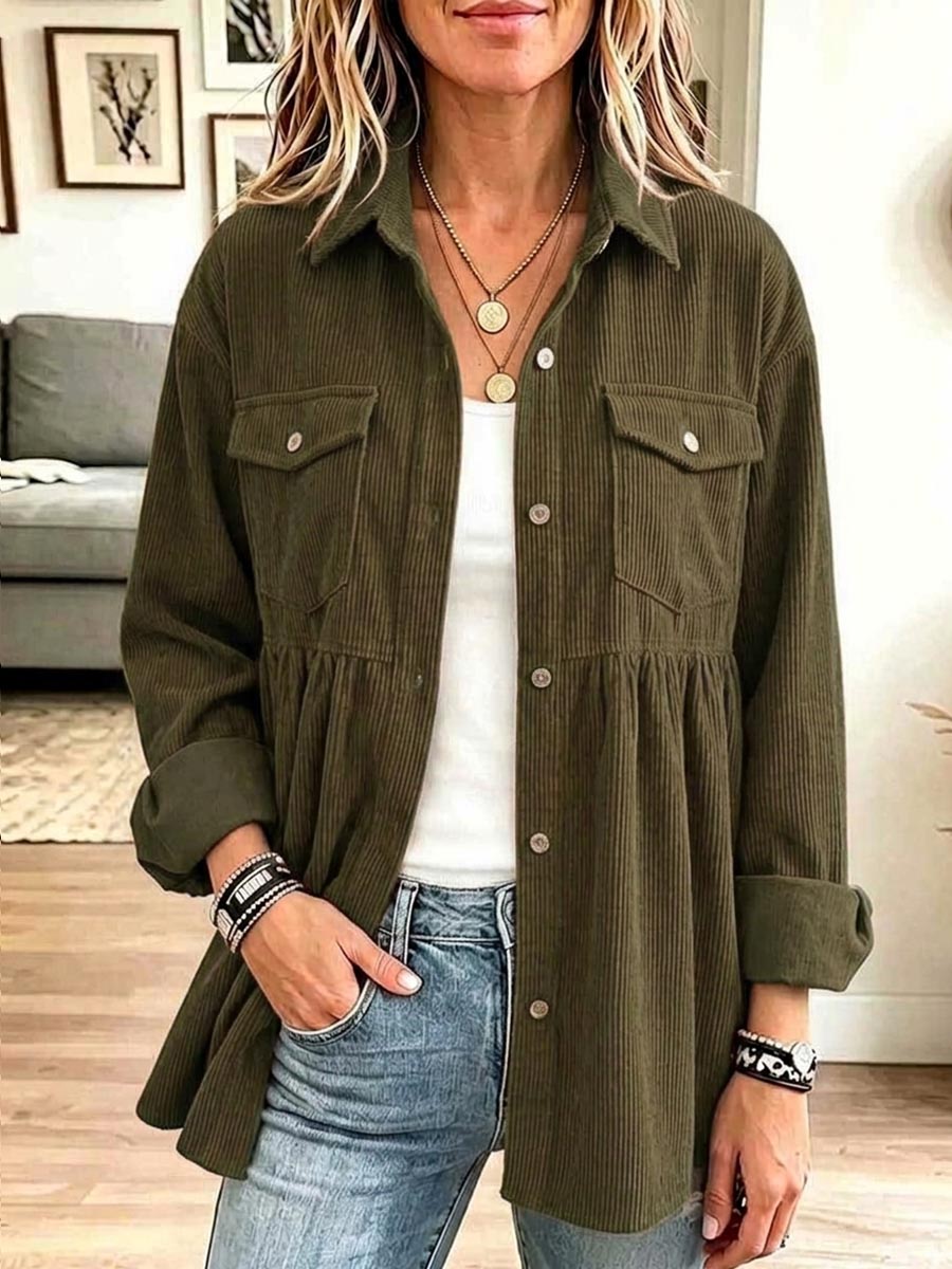 Women's Solid Color Collared Long-sleeved Casual Loose Corduroy Shirt
