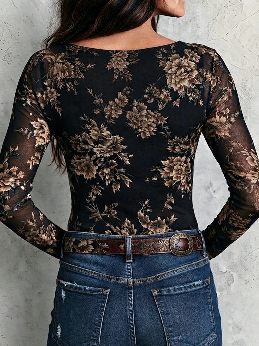 Bohemian Print Mesh Long-sleeve Top