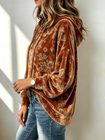Cozy Fall Velvet Floral Hooded Sweatshirt