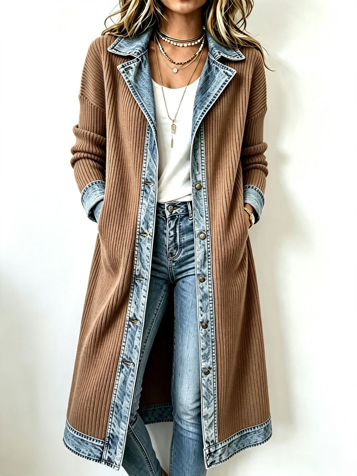 Casual Long-line Knit Cardigan With Denim And Ribbed Paneling