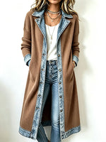 Casual Long-line Knit Cardigan With Denim And Ribbed Paneling