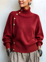 Chic Elegant Asymmetrical Button Turtleneck Sweater