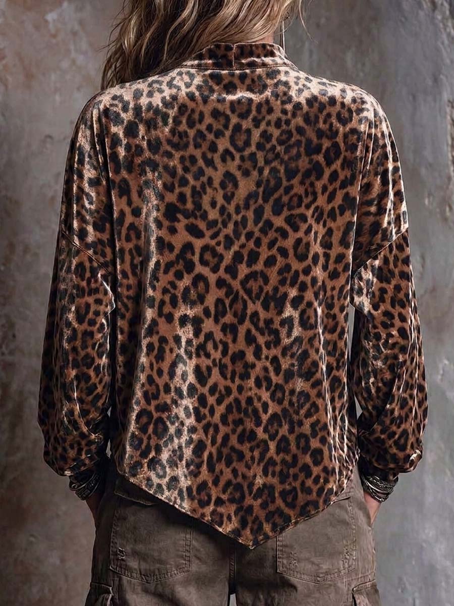 Women's Leopard Print Stand Collar Long Sleeve Casual Loose Lace Patchwork Velvet Top