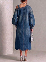Midi Denim Dress With One-shoulder Design, Metal Buckle, Ruffled Hem, And Pocket Detail