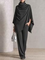 Two-piece Set Featuring A High-neck Cape-style Top And Wide-leg Trousers