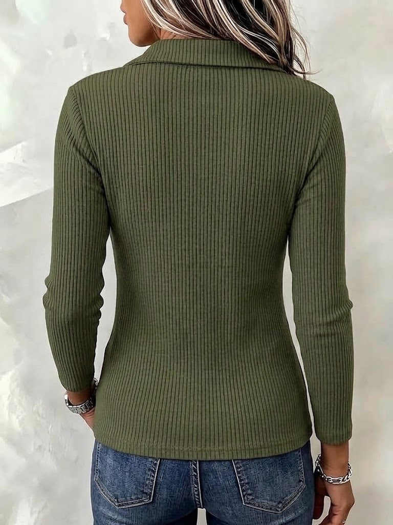 Lapel Diagonal Placket Twist Asymmetric Hem Ribbed Knit Long Sleeve Shirt