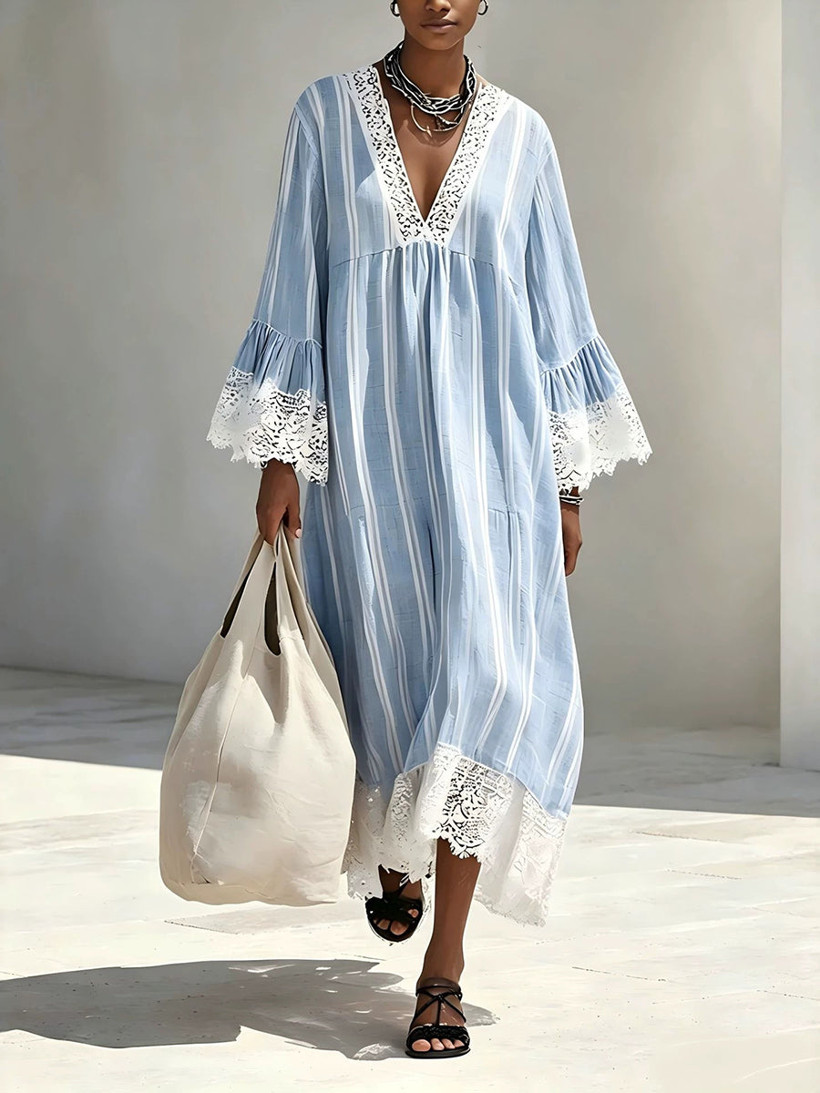 Loose-fit, Cozy Striped Linen-cotton Dress With Lace Paneling