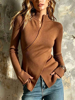 Women's Royal Blue Asymmetric Wrap Ribbed Knit Top