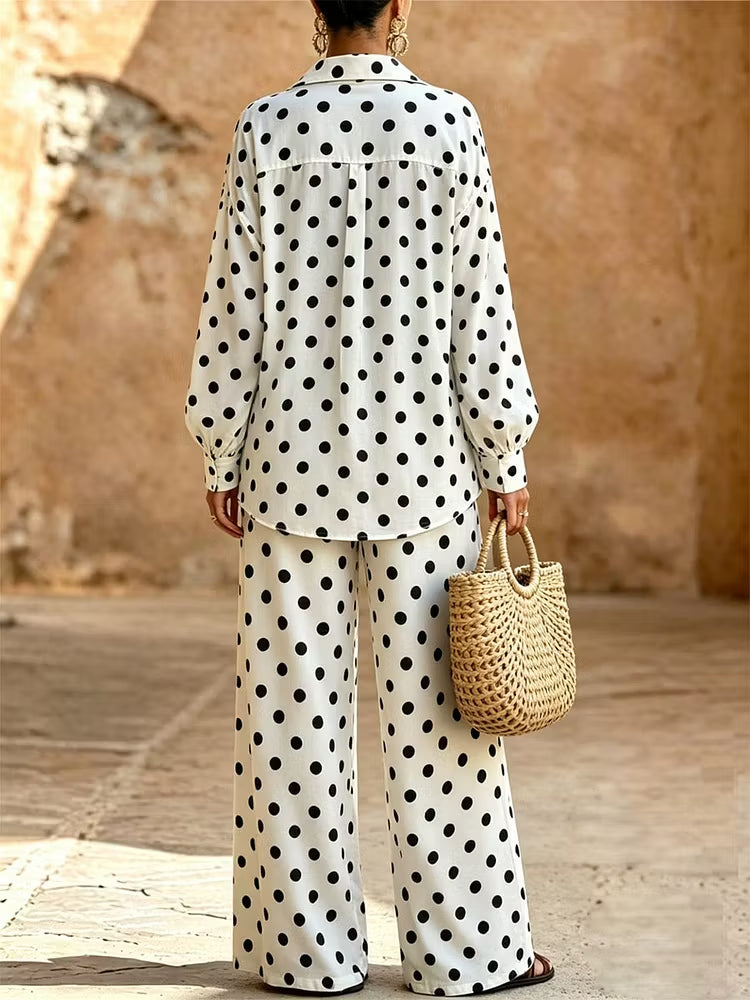 Classic Polka Dot Print Linen Two-Piece Set