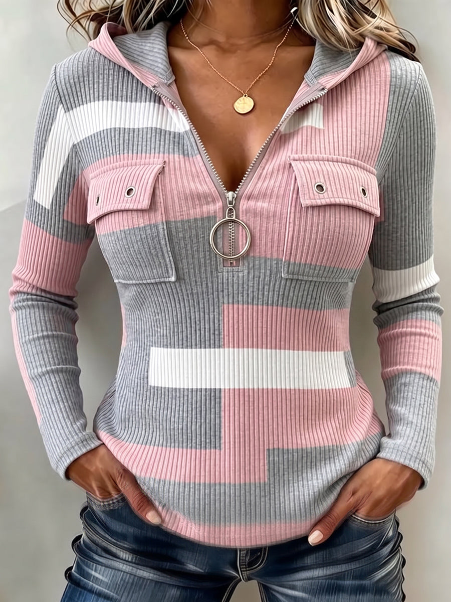 Chic Colorblock Striped Zip-Up Hooded Kint Top