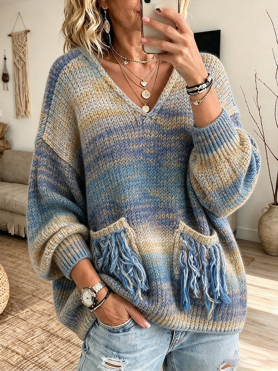 Chic Casual V-neck Knit Sweater With A Gradient Multi-color Blend, Fringe, And Pockets