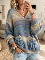 Chic Casual V-neck Knit Sweater With A Gradient Multi-color Blend, Fringe, And Pockets