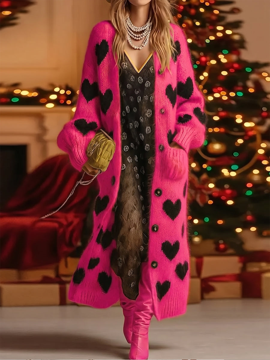Chic Hot Pink Heart-Patterned Open-Front Long Cardigan
