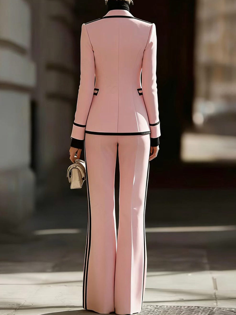 Sleek And Refined Ivory-white Suit Set Featuring Contrasting Piping And Wide-leg Trousers.