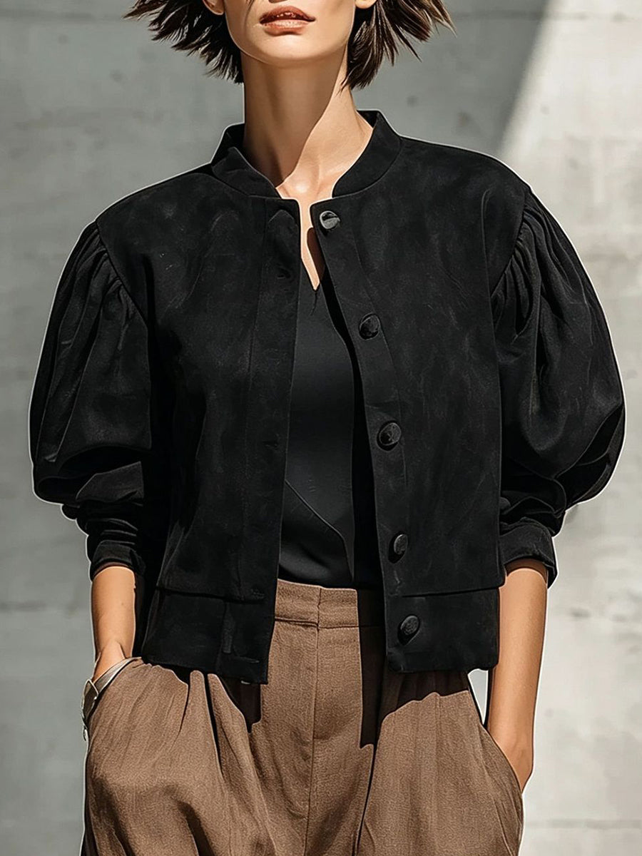 Chic Faux Suede Cropped Jacket With Puff Sleeves