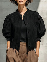 Chic Faux Suede Cropped Jacket With Puff Sleeves