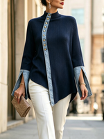 Elegant Stand-up Collar Denim Patchwork Knit Top