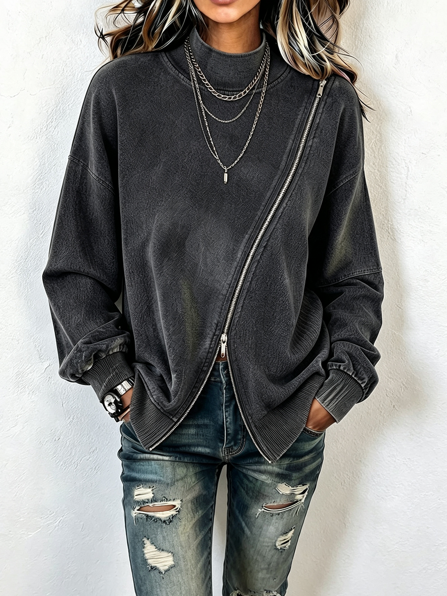 Edgy Vintage-washed Cotton Asymmetric Zip Sweatshirt