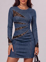 Women's Round Neck Long Sleeve Casual Loose Lace-trimmed Slim Denim Bodycon Dress