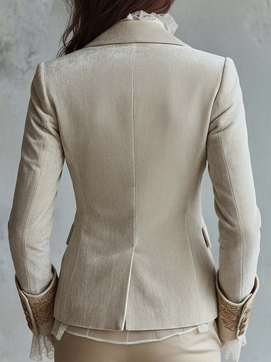 Vintage-style Velvet Blazer With A Lapel Collar And Fitted Waist