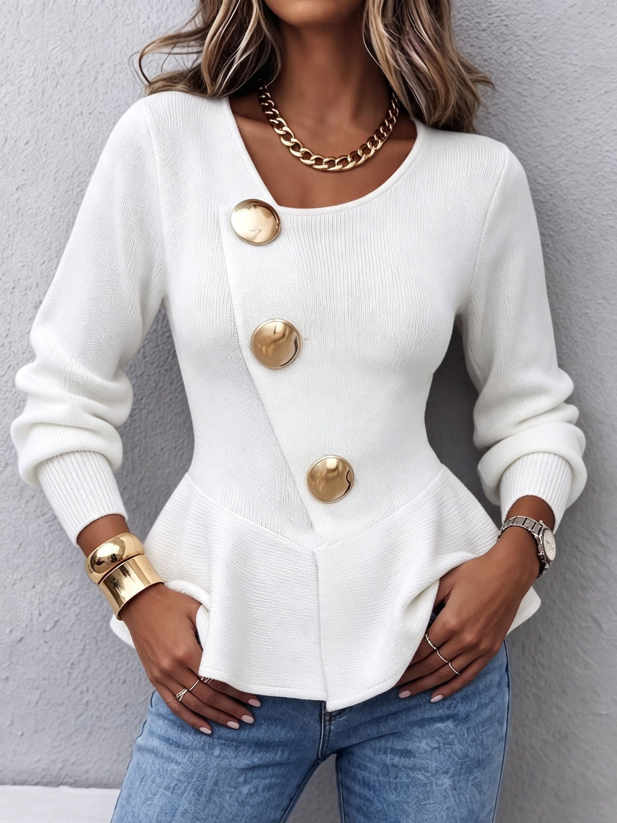 Elegant Peplum Knit Top With Statement Gold Buttons