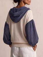 Women's Striped Print Patchwork V-neck Long-sleeved Casual Loose Hooded Pullover Top