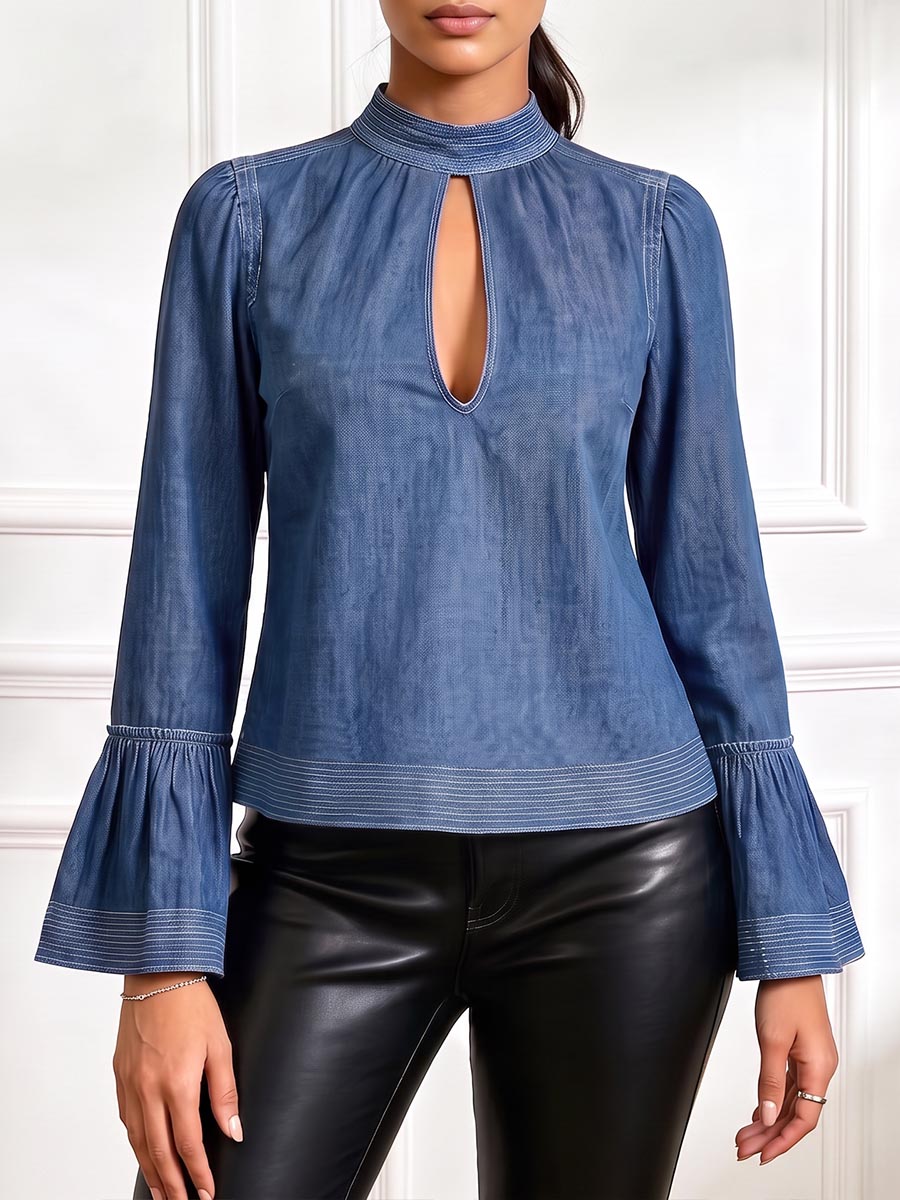 Women's Stand Collar Long Sleeve Casual Loose Denim Top