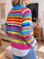 Women's Colorful Rainbow Striped V-neck Polo Sweater