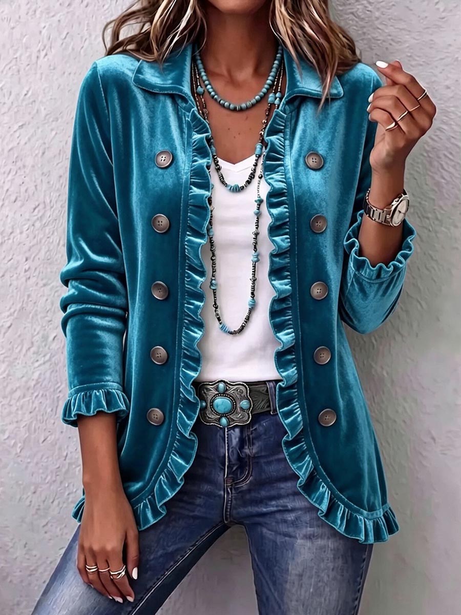 Women's Velvet Ruffle Trim Double-breasted Style Jacket