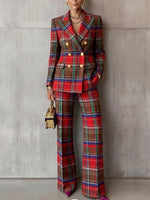 Classic Red Tartan Plaid Wide-Leg Trousers