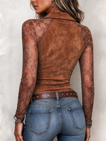 Chic Autumn Party Lace Suede Slim Fit Zip Top