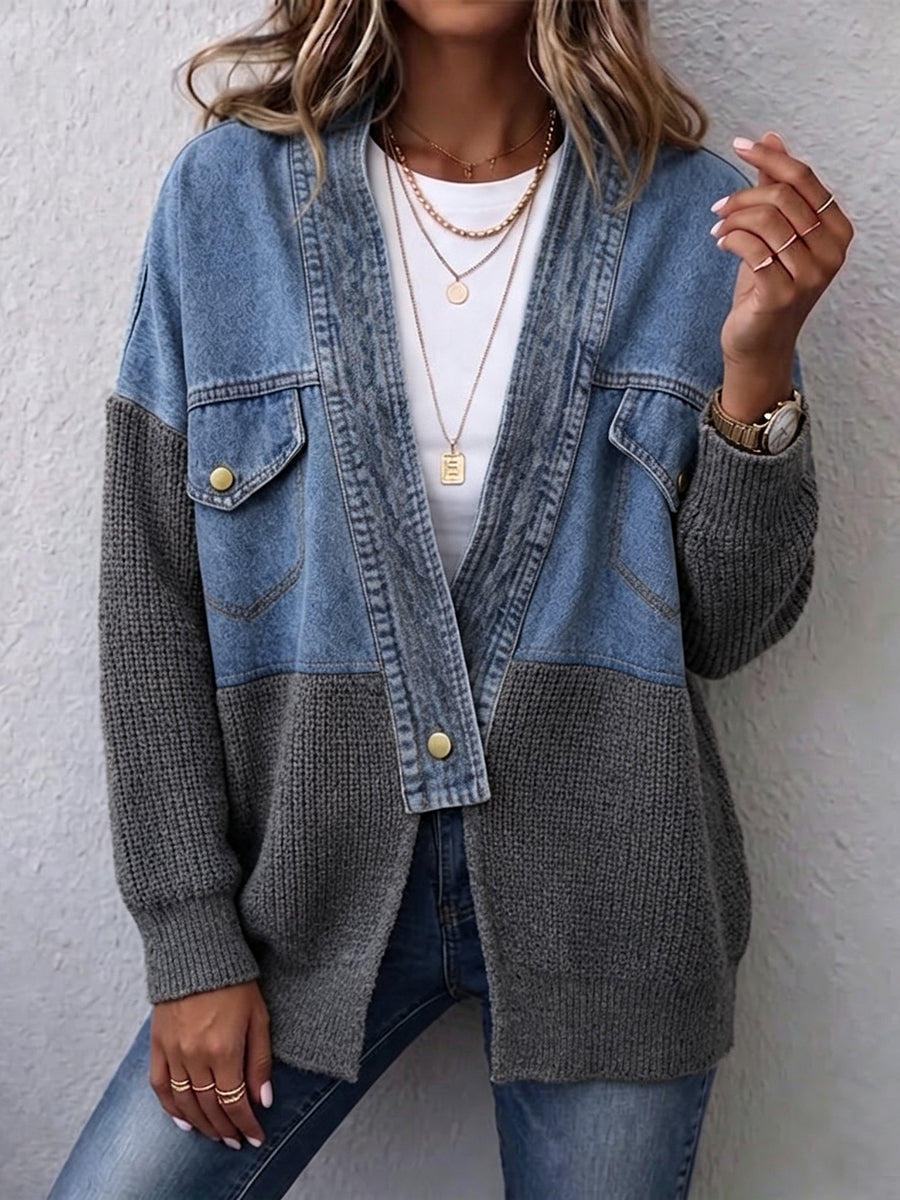 Relaxed, Laid-back Denim And Knit Patchwork Cardigan
