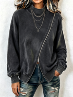 Edgy Vintage-washed Cotton Asymmetric Zip Sweatshirt