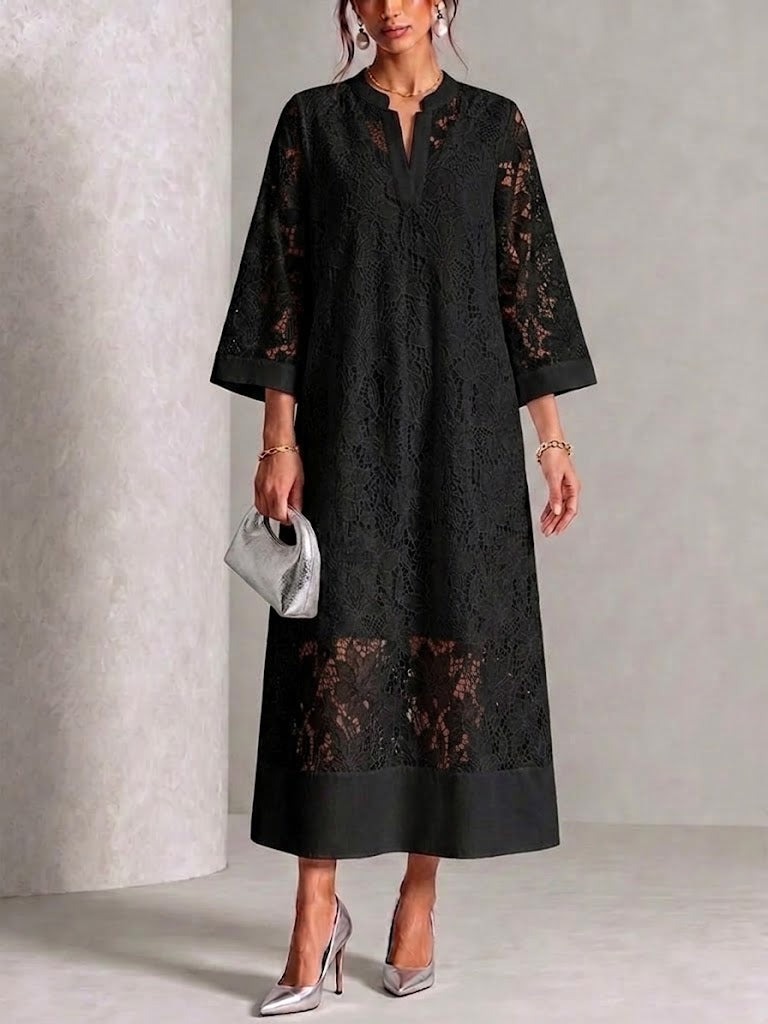 Casual Loose-fit Lace V-neck Dress