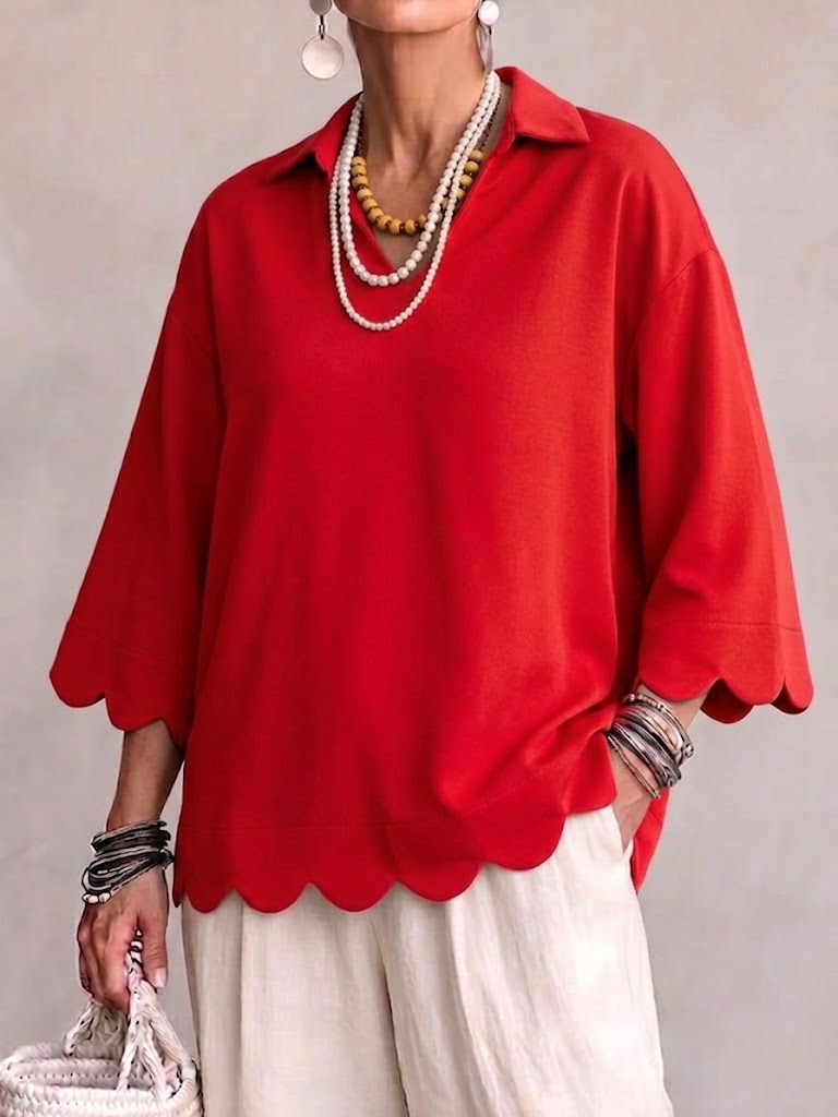 Scallop‑trim Lapel Collar 3/4 Sleeve Relaxed Top