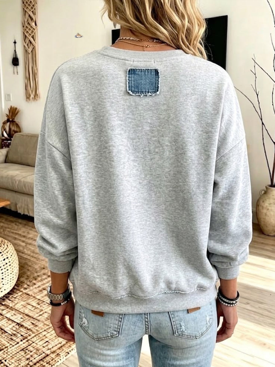 Relaxed-fit Casual Crew-neck Sweatshirt With Denim And Cotton Paneling
