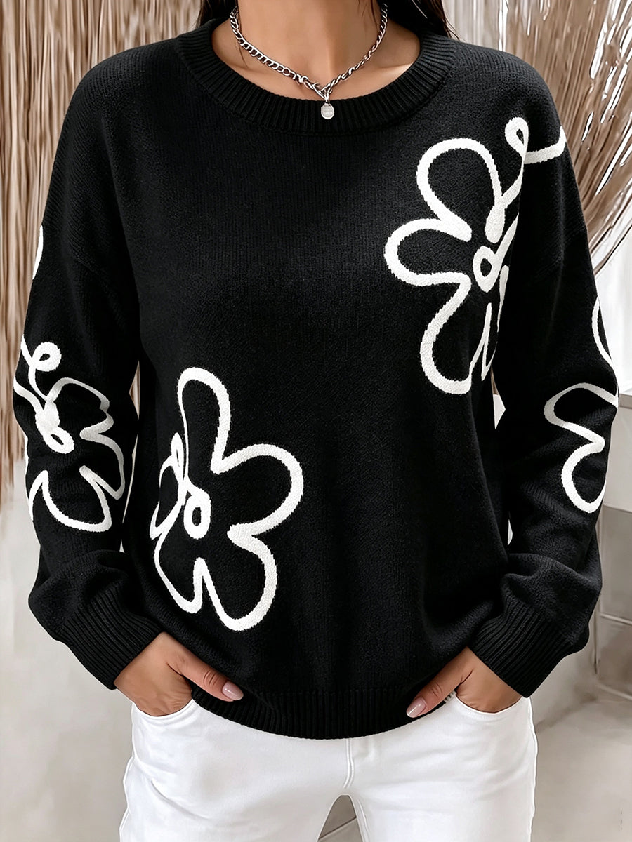 Vibrant Abstract Embroidery Floral Knit Pullover