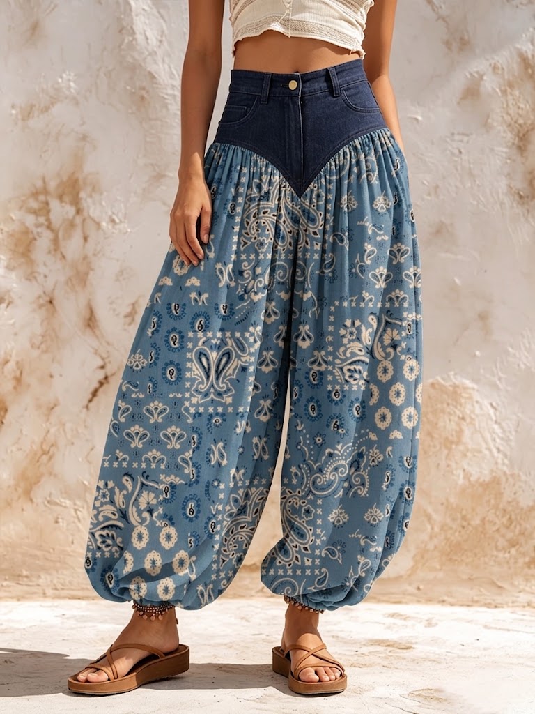 Bohemian-style Patchwork Lantern Pants Featuring Denim And Paisley Patterns.