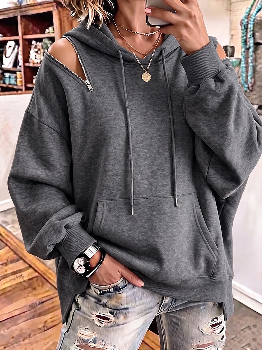Edgy Zipper Cutout Cold-Shoulder Hoodie