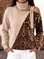 Women's High-neck Hollow-out Long-sleeved Casual Loose Leopard Print Patchwork Sweatshirt