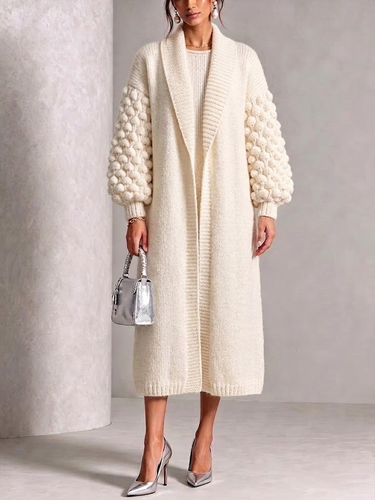 Shawl Collar 3d Bobble‑knit Sleeve Long Cardigan Coat